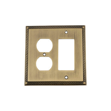 Nostalgic 719756: Rope Single Rocker/Single Duplex Combination Switchplate - Antique Brass