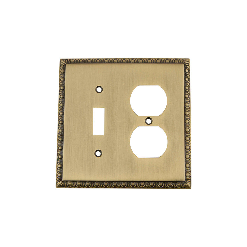 Nostalgic Warehouse 719767: Egg & Dart Single Toggle/Single Duplex Combination Switchplate - Antique Brass
