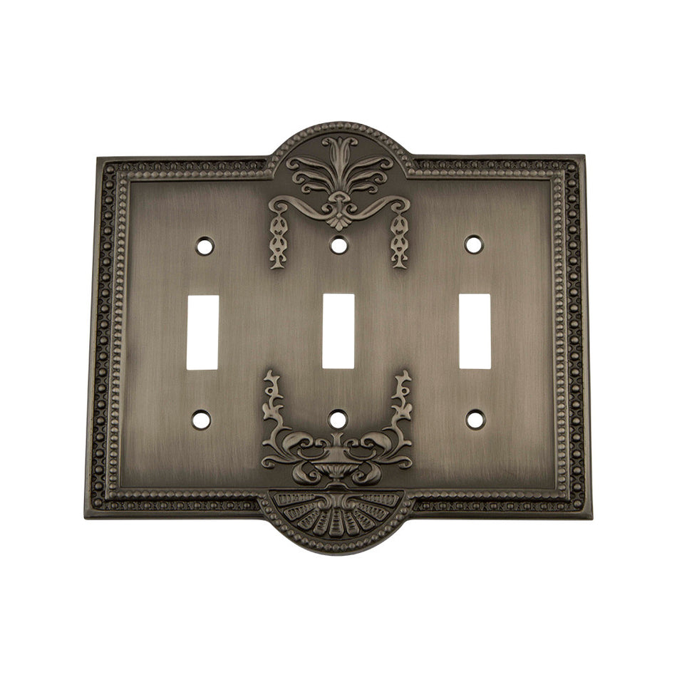 Nostalgic Warehouse 719784: Meadows Triple Toggle Switchplate - Antique Pewter