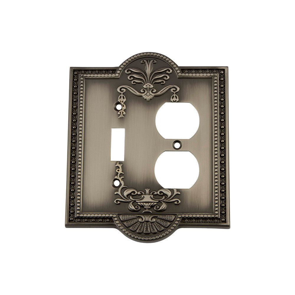 Nostalgic Warehouse 719791: Meadows Single Toggle/Single Duplex Combination Switchplate - Antique Pewter