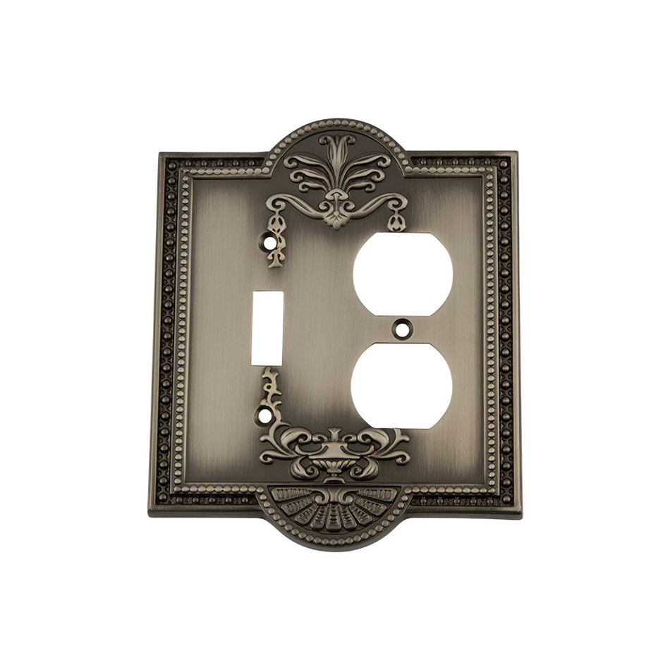 Nostalgic Warehouse 719791: Meadows Single Toggle/Single Duplex Combination Switchplate - Antique Pewter