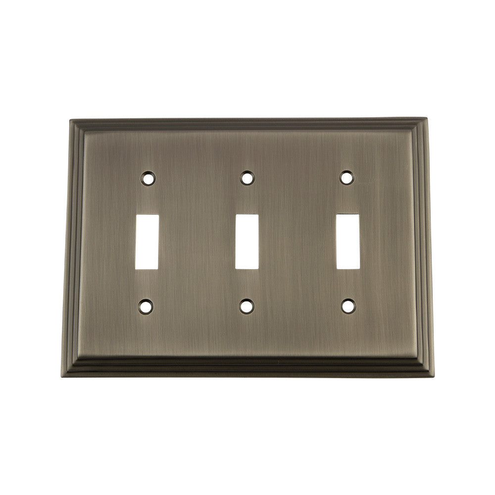 Nostalgic Warehouse 719808: Deco Triple Toggle Switchplate - Antique Pewter