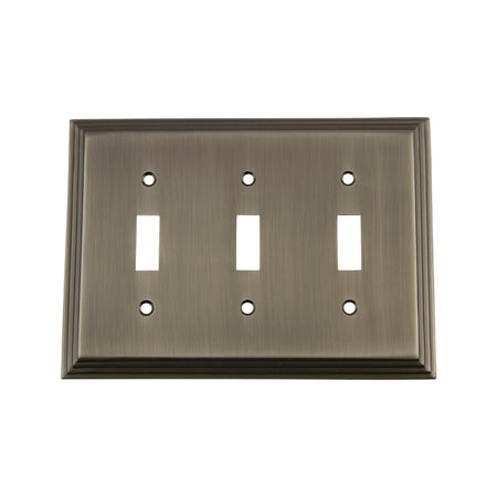 Nostalgic Warehouse 719808: Deco Triple Toggle Switchplate - Antique Pewter