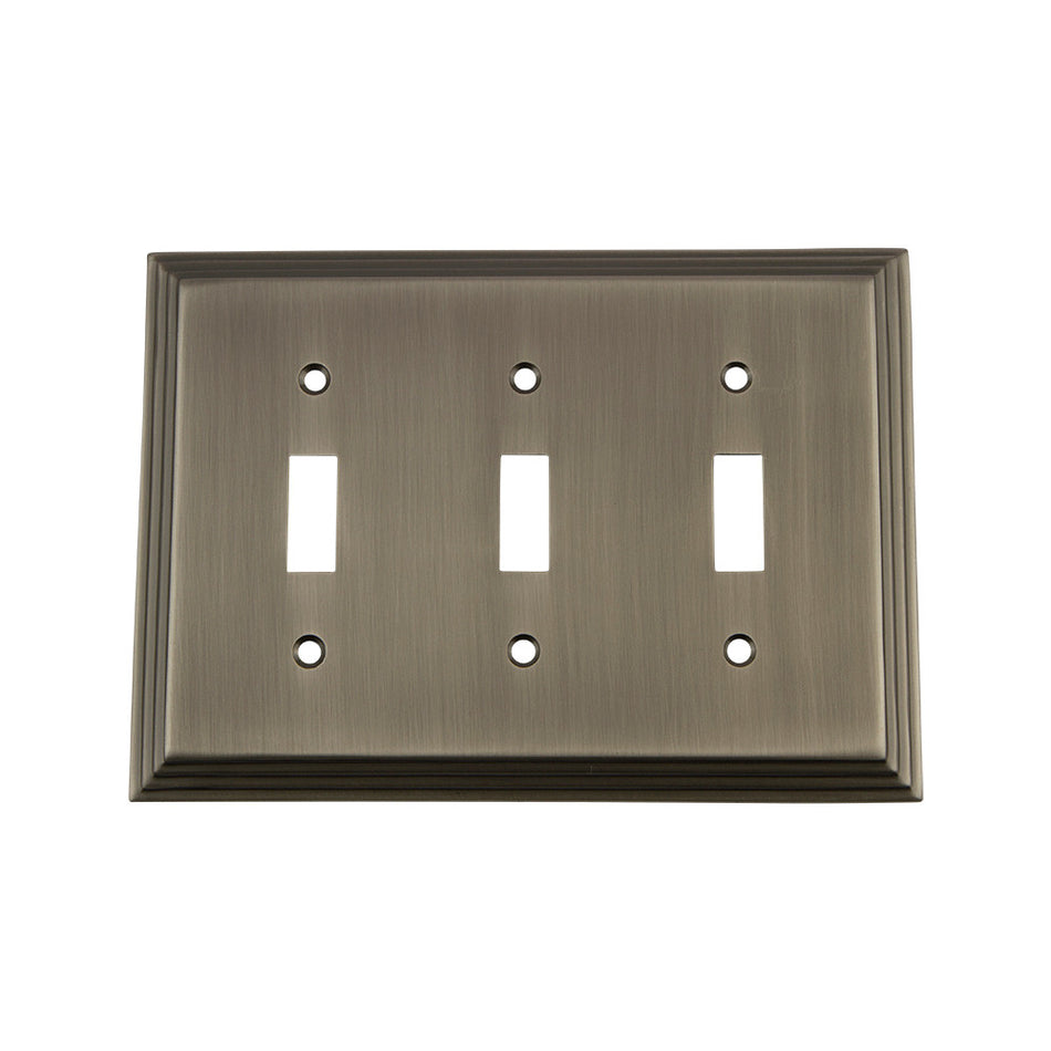 Nostalgic Warehouse 719808: Deco Triple Toggle Switchplate - Antique Pewter