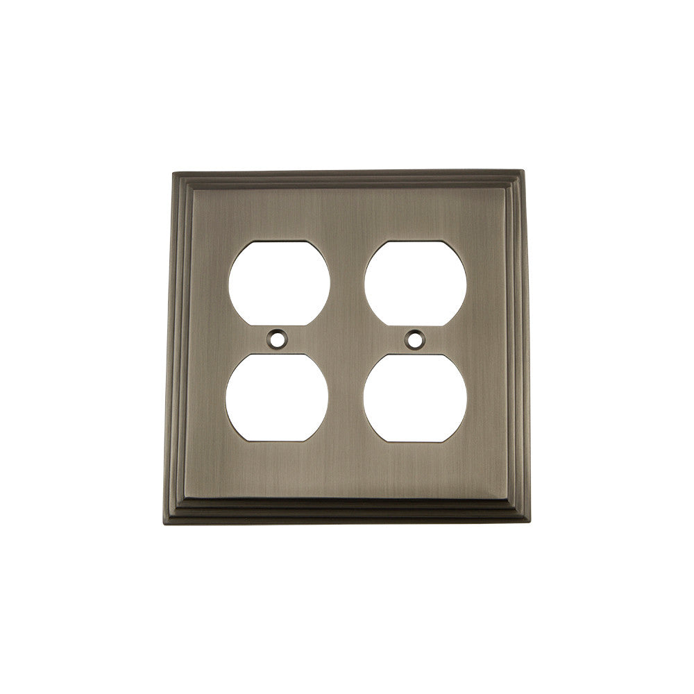 Nostalgic Warehouse 719813: Deco Double Duplex Switchplate - Antique Pewter