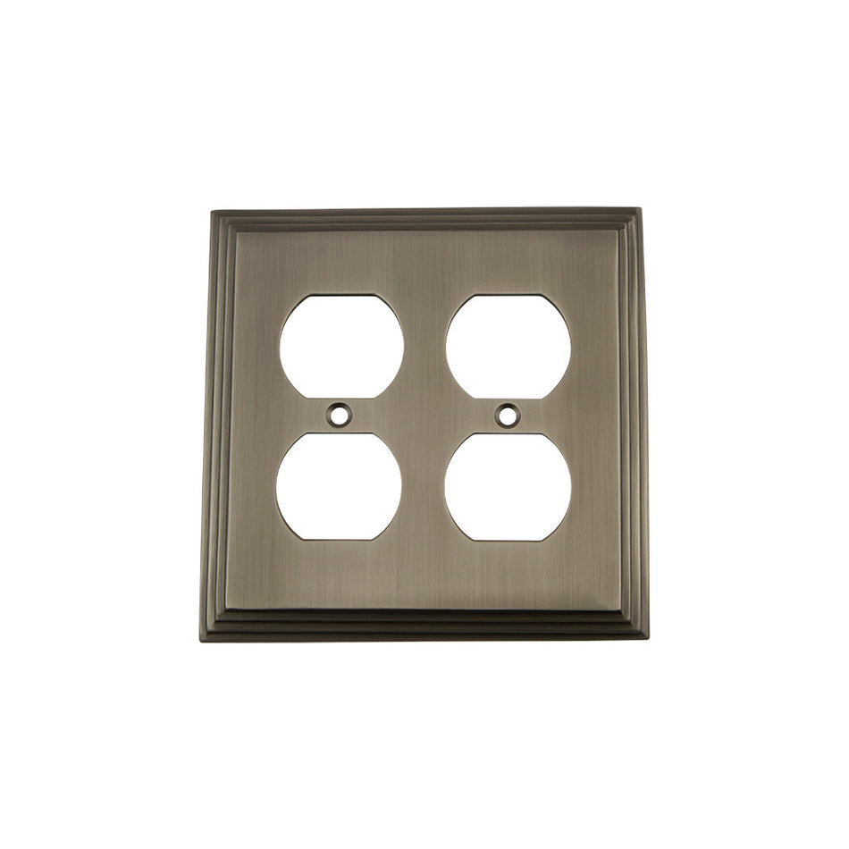 Nostalgic Warehouse 719813: Deco Double Duplex Switchplate - Antique Pewter