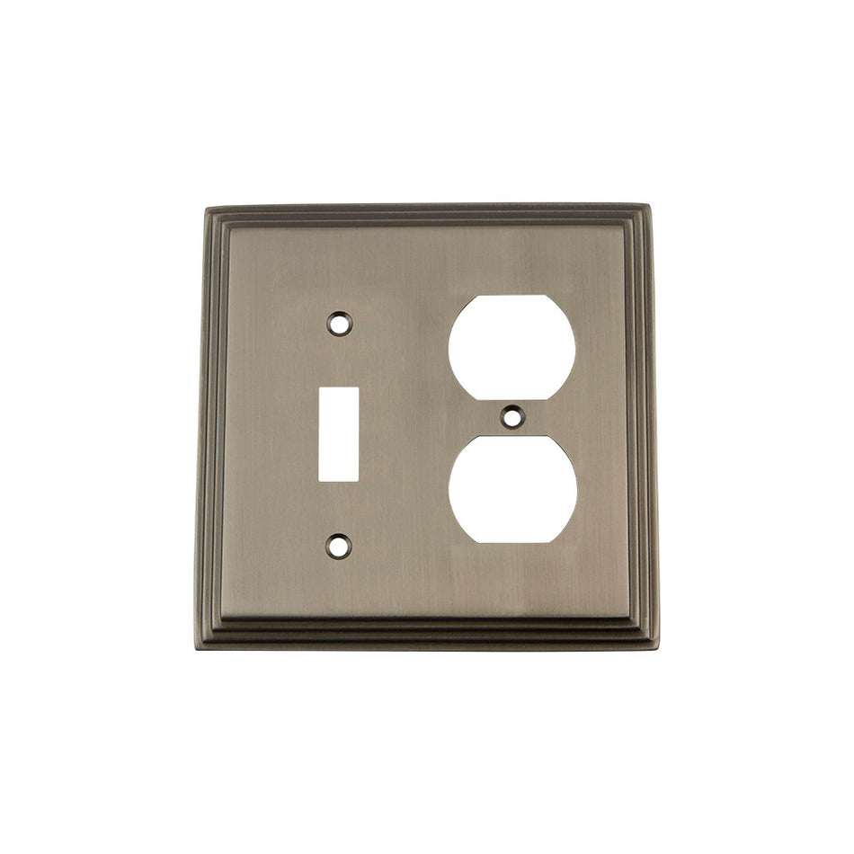 Nostalgic Warehouse 719815: Deco Single Toggle/Single Duplex Combination Switchplate - Antique Pewter