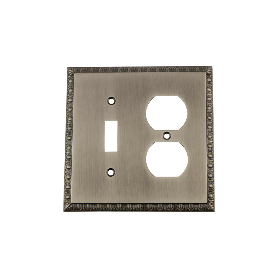 Nostalgic Warehouse 719839: Egg & Dart Single Toggle/Single Duplex Combination Switchplate - Antique Pewter