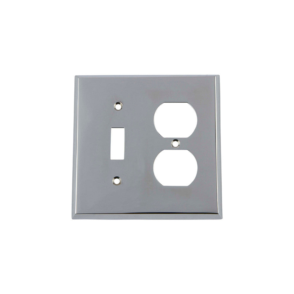 Nostalgic Warehouse 719851: New York Single Toggle/Single Duplex Combination Switchplate - Bright Chrome