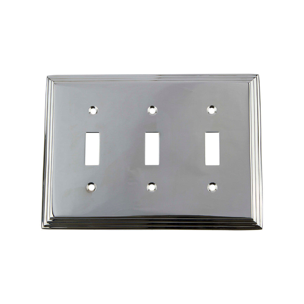 Nostalgic Warehouse 719880: Deco Triple Toggle Switchplate - Bright Chrome