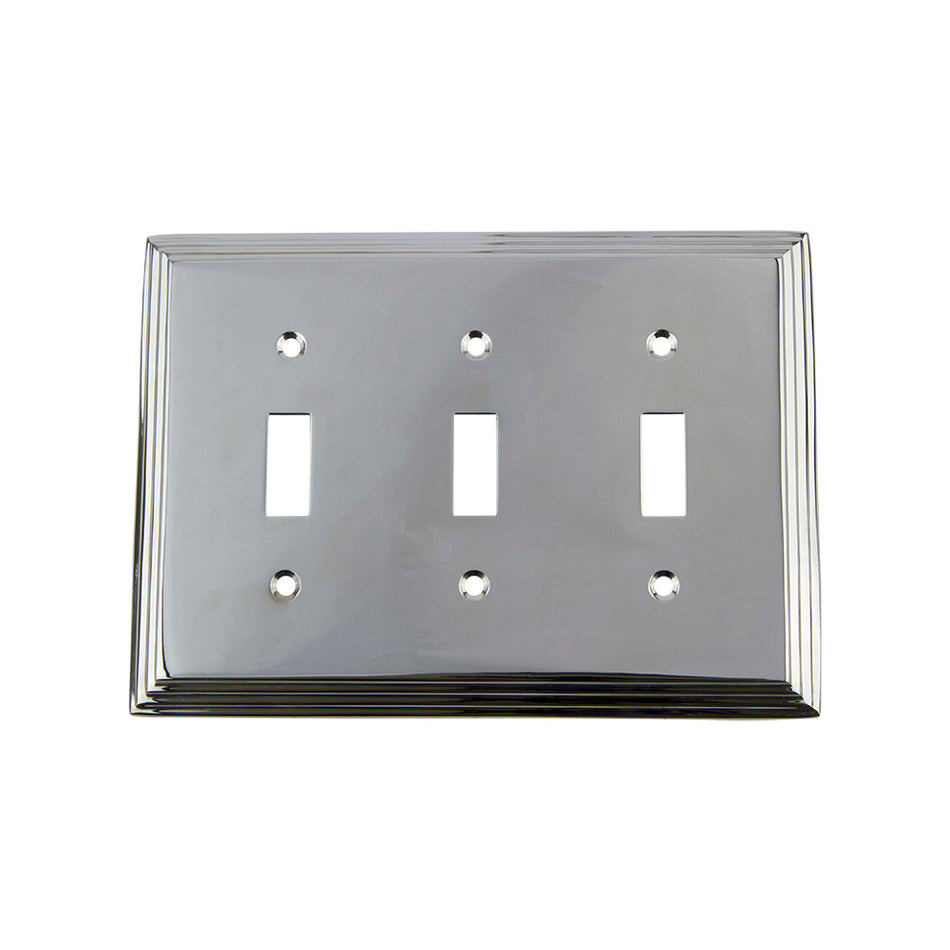 Nostalgic Warehouse 719880: Deco Triple Toggle Switchplate - Bright Chrome