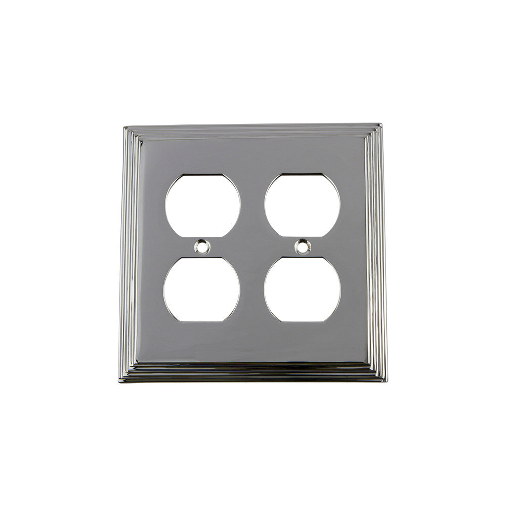 Nostalgic Warehouse 719885: Deco Double Duplex Switchplate - Bright Chrome