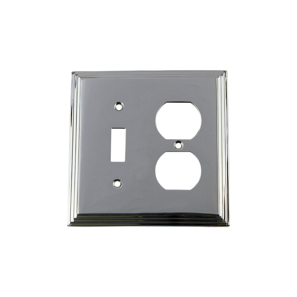 Nostalgic Warehouse 719887: Deco Single Toggle/Single Duplex Combination Switchplate - Bright Chrome