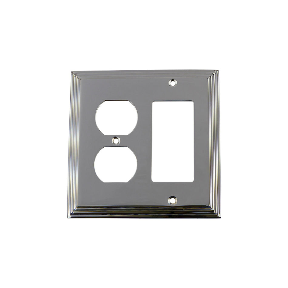 Nostalgic Warehouse 719888: Deco Single Rocker/Single Duplex Combination Switchplate - Bright Chrome
