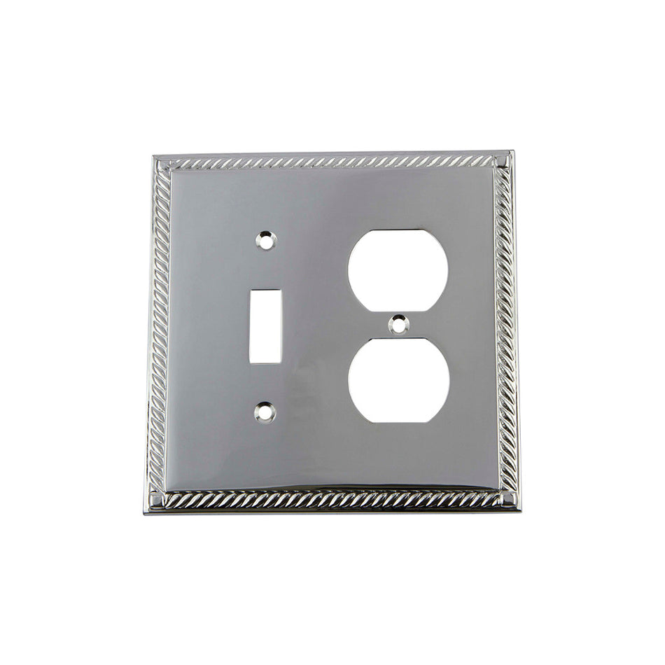 Nostalgic Warehouse 719899: Rope Single Toggle/Single Duplex Combination Switchplate - Bright Chrome