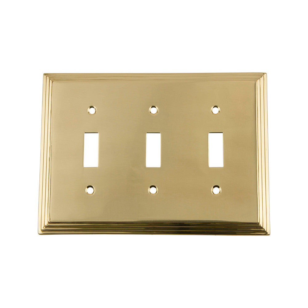 Nostalgic Warehouse 719952: Deco Triple Toggle Switchplate - Polished Brass