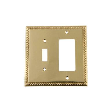 Nostalgic 719970: Rope Single Toggle/Single Rocker Combination Switchplate - Polished Brass