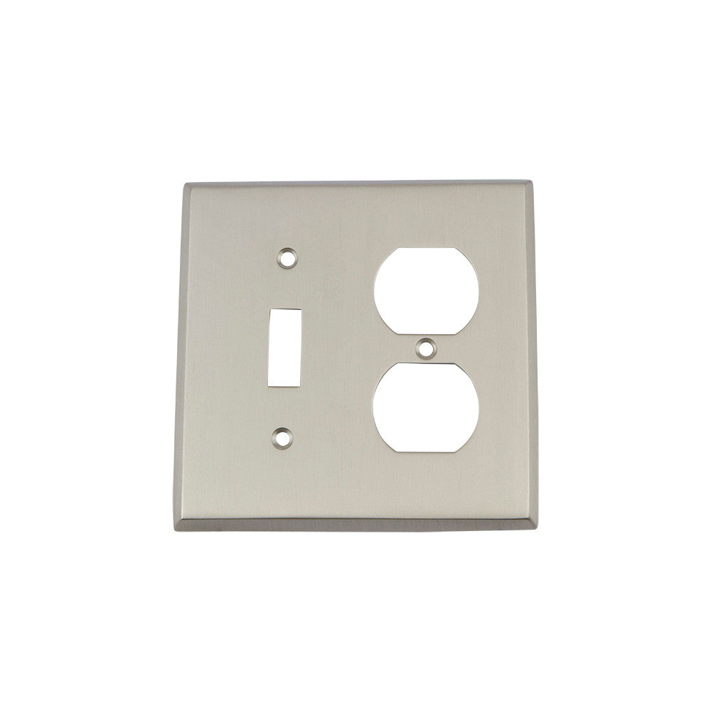 Nostalgic Warehouse 719995: New York Single Toggle/Single Duplex Combination Switchplate - Satin Nickel
