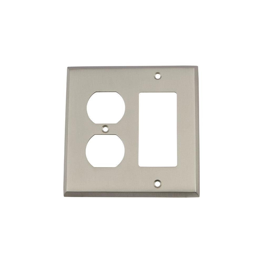 Nostalgic Warehouse 719996: New York Single Rocker/Single Duplex Combination Switchplate - Satin Nickel