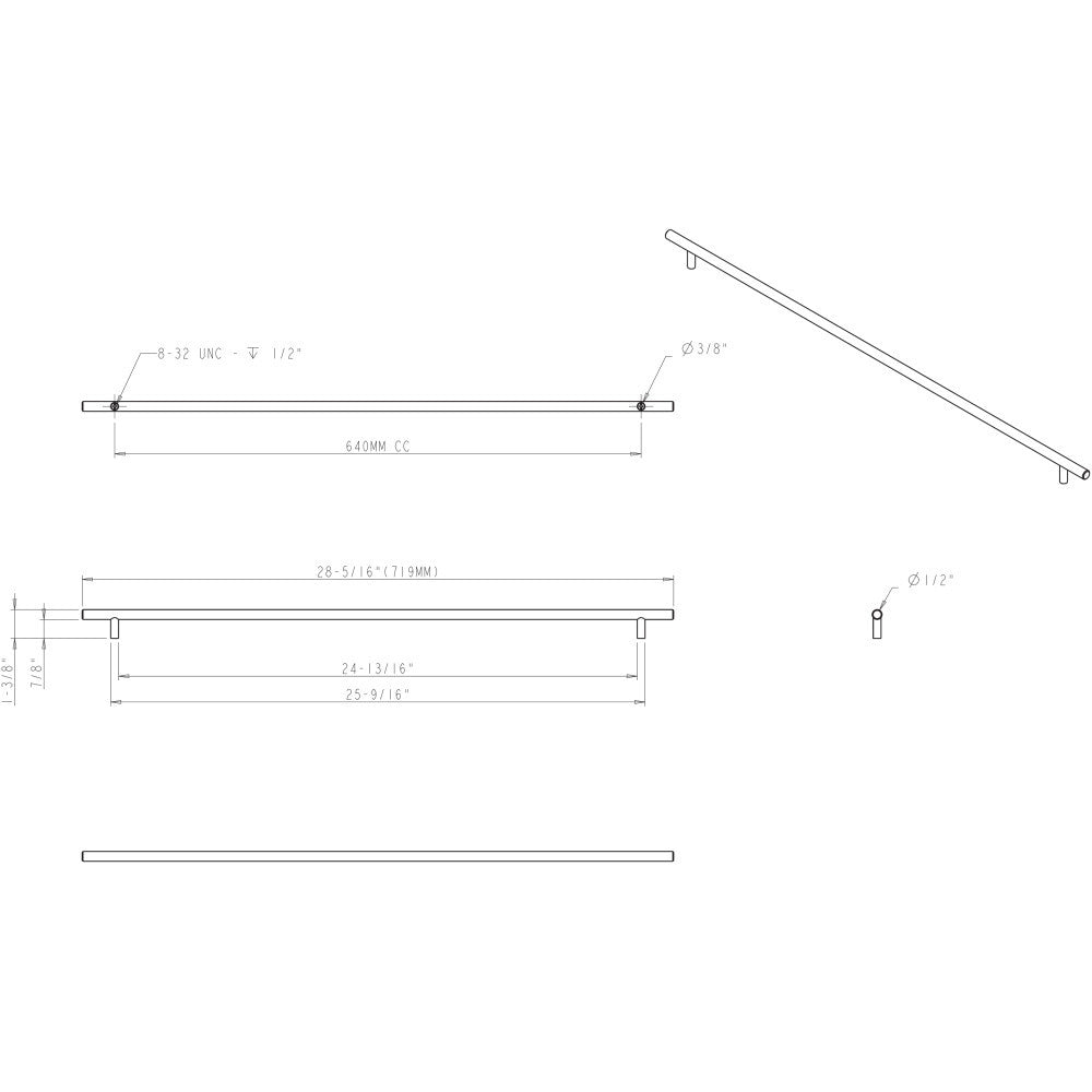 Elements 719SS: 640 mm cc Naples Round Bar Cabinet Pull - Stainless Steel