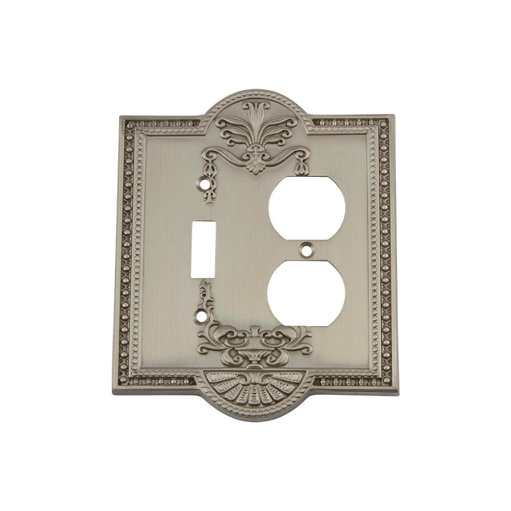 Nostalgic Warehouse 720007: Meadows Single Toggle/Single Duplex Combination Switchplate - Satin Nickel