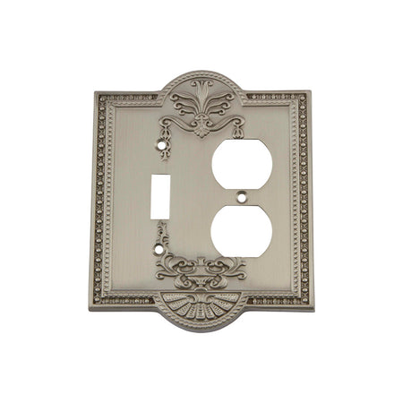 Nostalgic Warehouse 720007: Meadows Single Toggle/Single Duplex Combination Switchplate - Satin Nickel