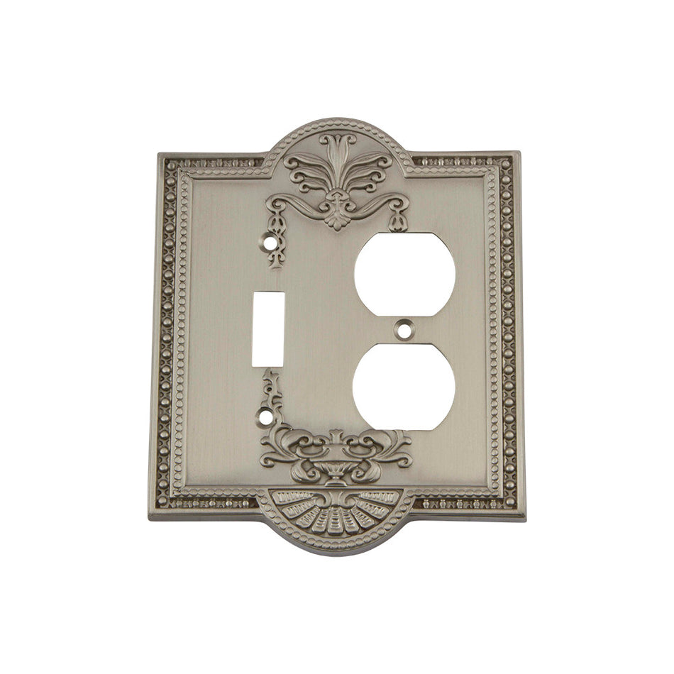 Nostalgic Warehouse 720007: Meadows Single Toggle/Single Duplex Combination Switchplate - Satin Nickel