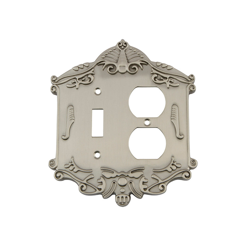 Nostalgic Warehouse 720019: Victorian Single Toggle/Single Duplex Combination Switchplate - Satin Nickel