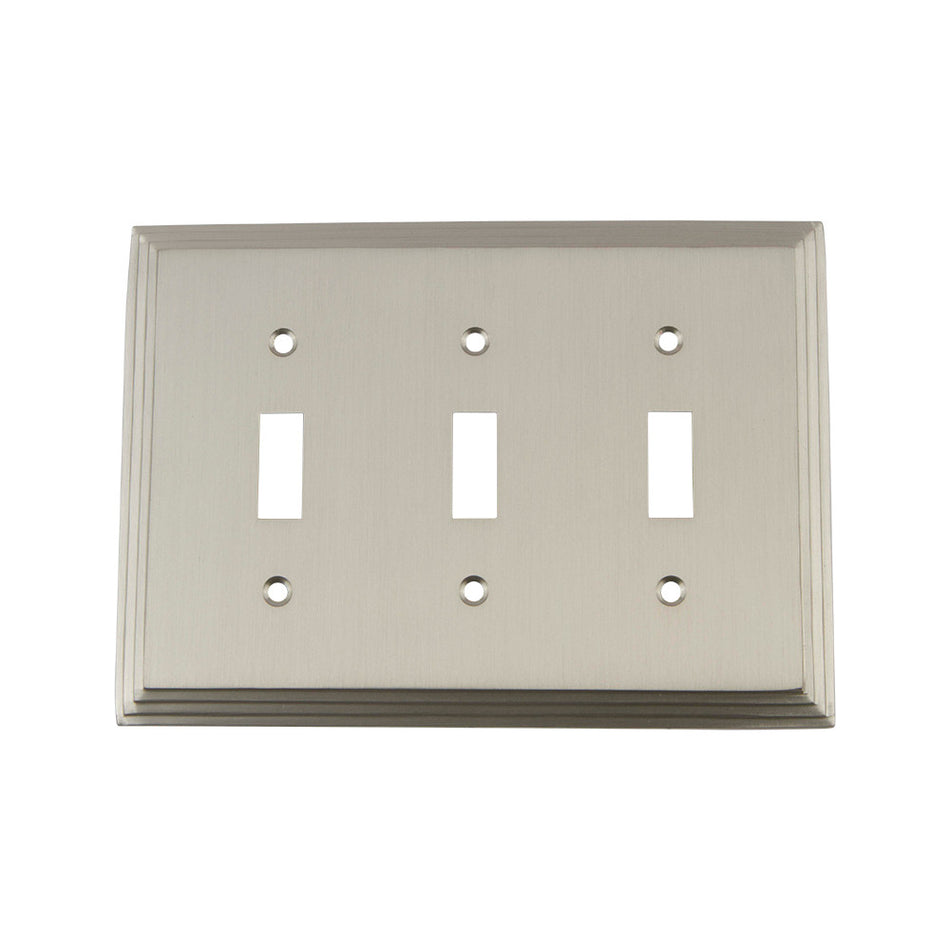 Nostalgic Warehouse 720024: Deco Triple Toggle Switchplate - Satin Nickel