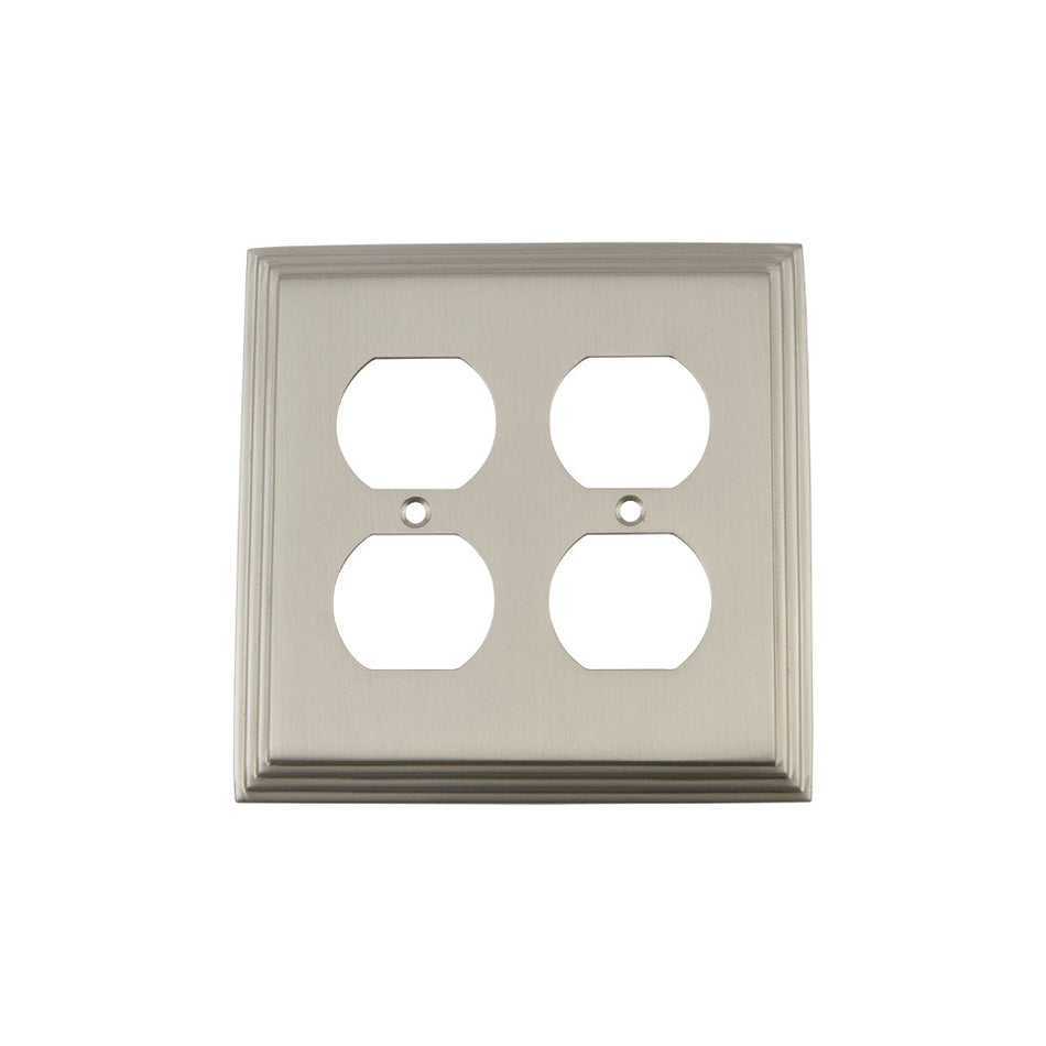 Nostalgic Warehouse 720029: Deco Double Duplex Switchplate - Satin Nickel