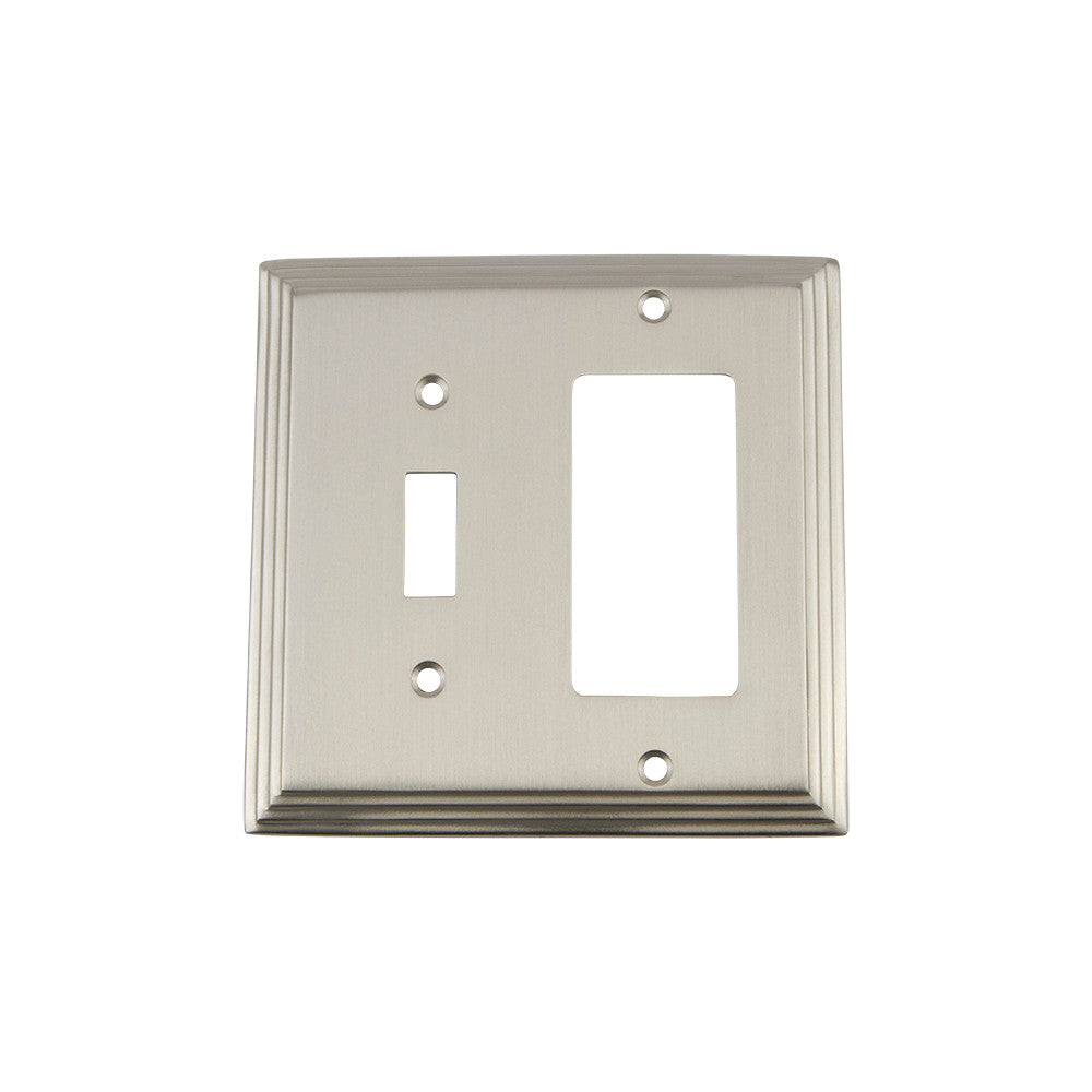 Nostalgic Warehouse 720030: Deco Single Toggle/Single Rocker Combination Switchplate - Satin Nickel
