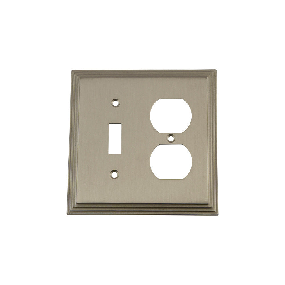 Nostalgic Warehouse 720031: Deco Single Toggle/Single Duplex Combination Switchplate - Satin Nickel