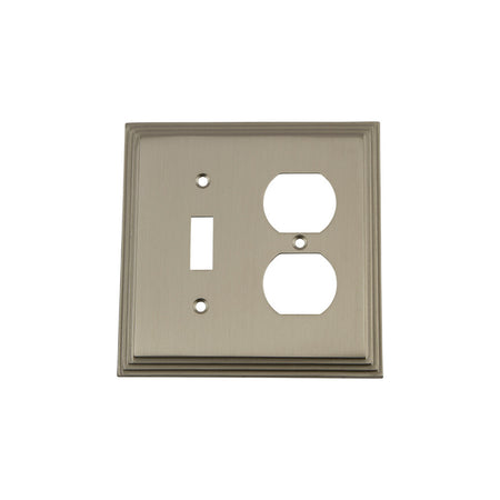 Nostalgic Warehouse 720031: Deco Single Toggle/Single Duplex Combination Switchplate - Satin Nickel