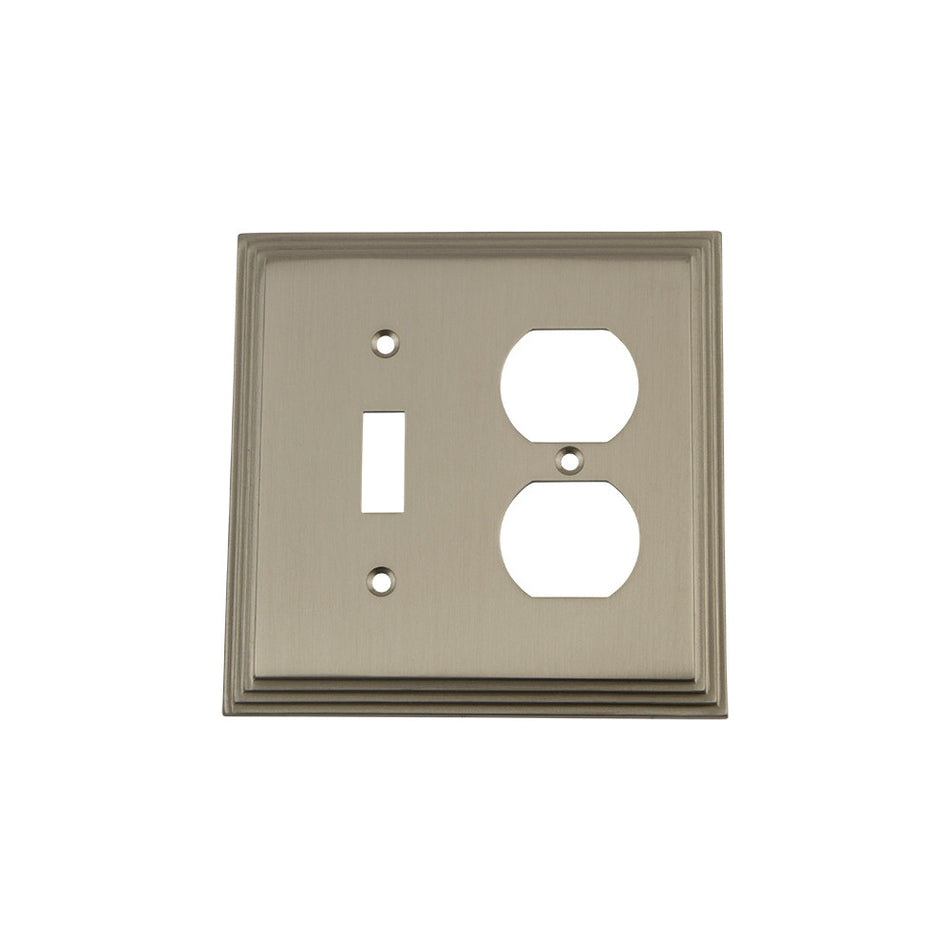 Nostalgic Warehouse 720031: Deco Single Toggle/Single Duplex Combination Switchplate - Satin Nickel