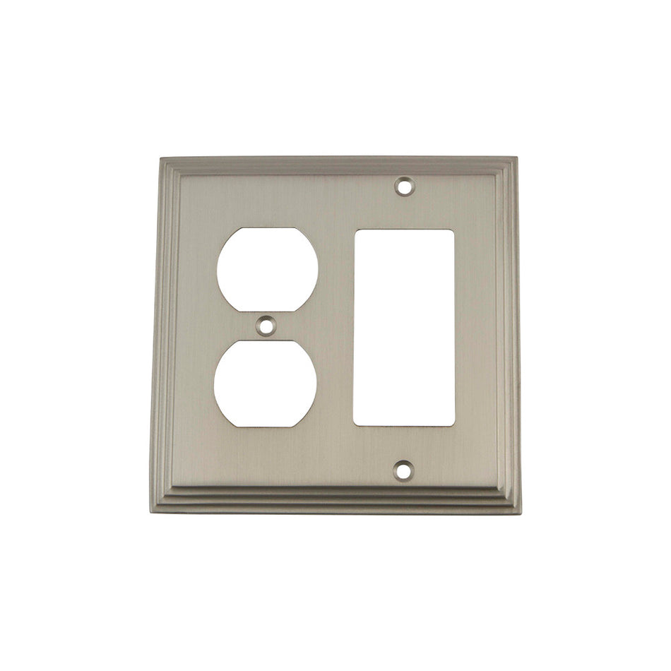 Nostalgic Warehouse 720032: Deco Single Rocker/Single Duplex Combination Switchplate - Satin Nickel