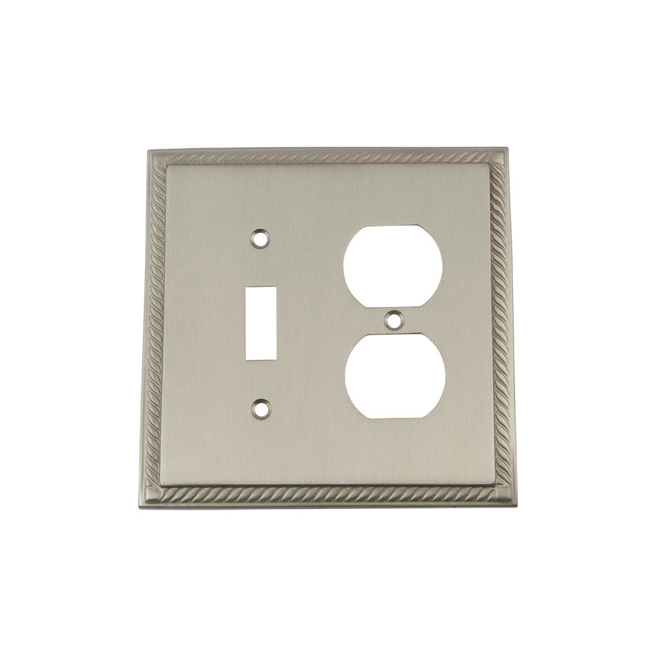 Nostalgic Warehouse 720043: Rope Single Toggle/Single Duplex Combination Switchplate - Satin Nickel
