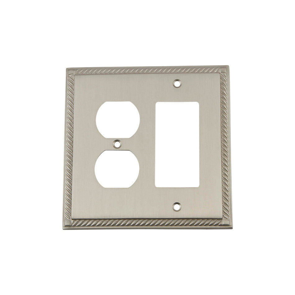 Nostalgic Warehouse 720044: Rope Single Rocker/Single Duplex Combination Switchplate - Satin Nickel