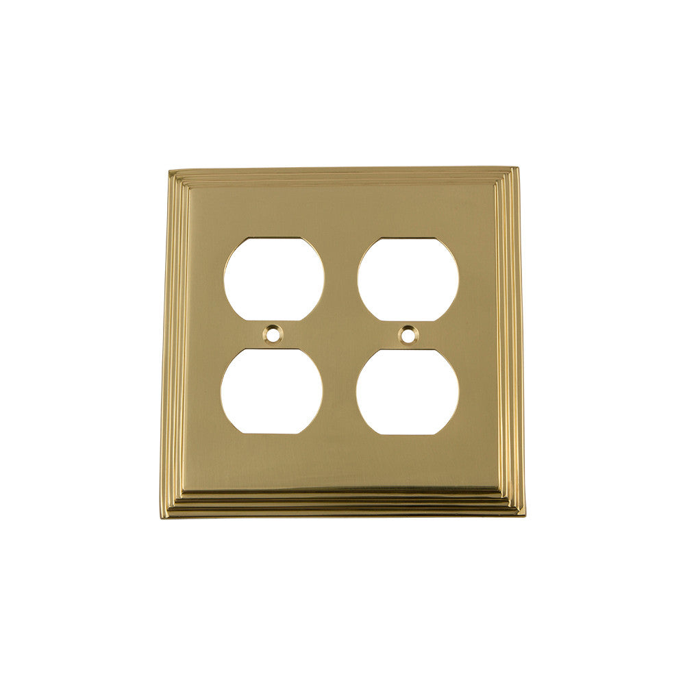 Nostalgic Warehouse 720101: Deco Double Duplex Switchplate - Unlacquered Brass