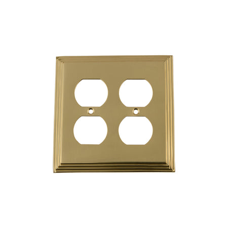 Nostalgic Warehouse 720101: Deco Double Duplex Switchplate - Unlacquered Brass