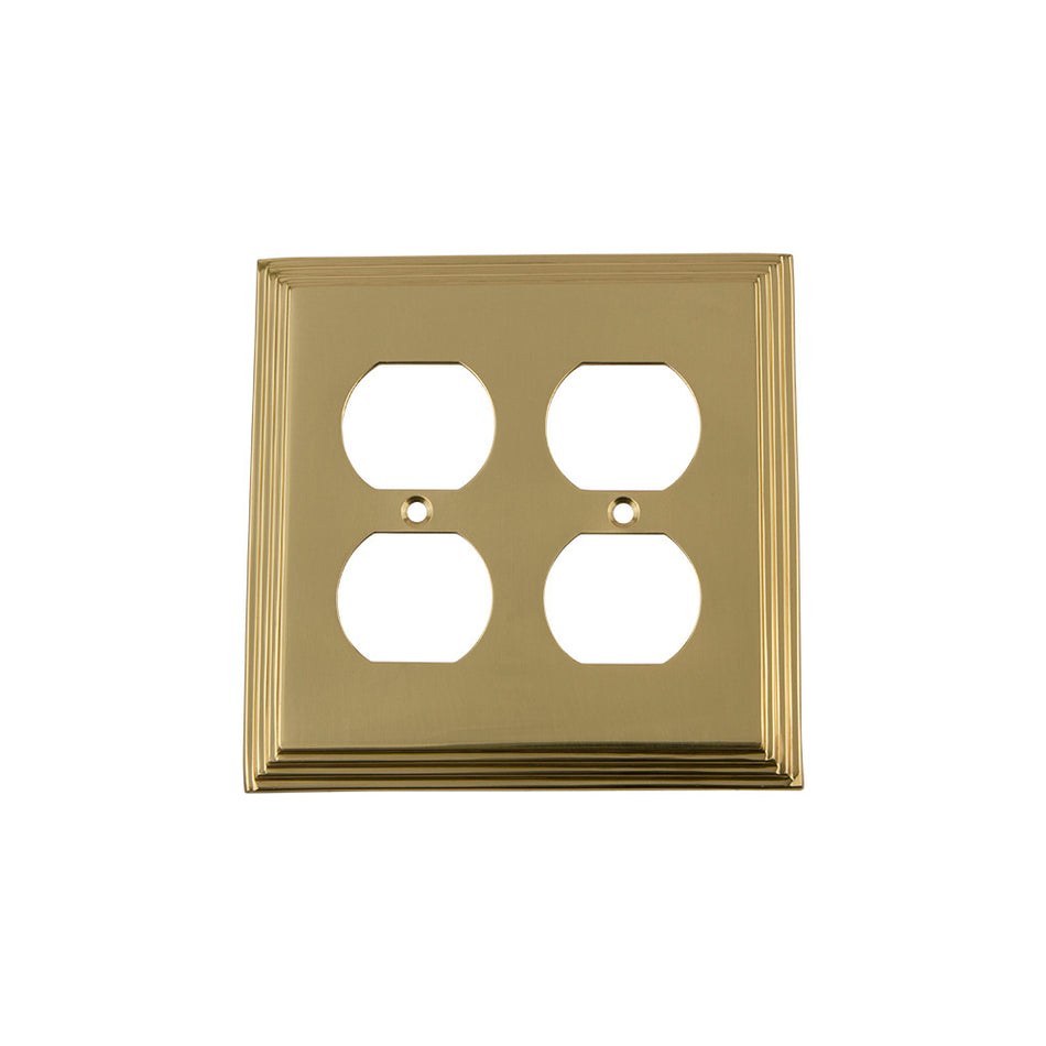 Nostalgic Warehouse 720101: Deco Double Duplex Switchplate - Unlacquered Brass