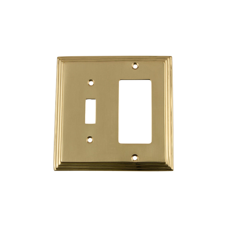 Nostalgic Warehouse 720102: Deco Single Toggle/Single Rocker Combination Switchplate - Unlacquered Brass