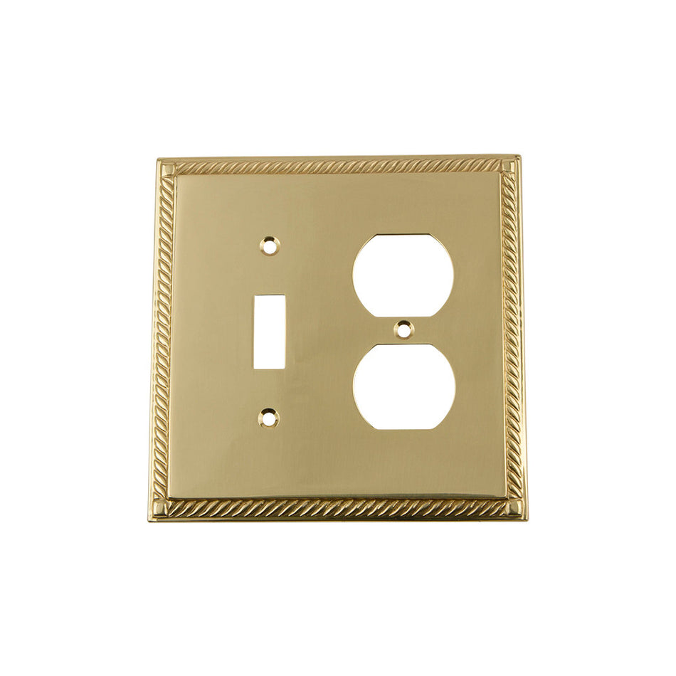 Nostalgic Warehouse 720115: Rope Single Toggle/Single Duplex Combination Switchplate - Unlacquered Brass