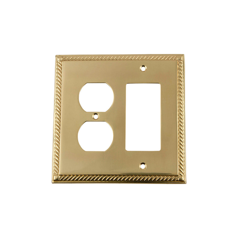 Nostalgic Warehouse 720116: Rope Single Rocker/Single Duplex Combination Switchplate - Unlacquered Brass
