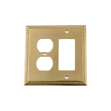 Nostalgic 720116: Rope Single Rocker/Single Duplex Combination Switchplate - Unlacquered Brass