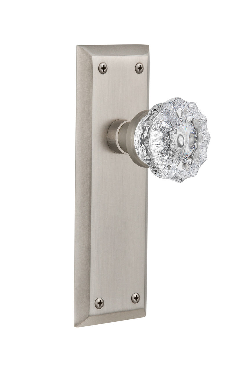 Nostalgic 733111: New York Backplate w/Clear Crystal Glass Knob Privacy Door Set - Satin Nickel