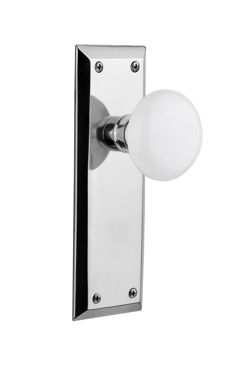 Nostalgic 733162: New York Backplate w/White Porcelain Knob Single Dummy Door Set - Bright Chrome