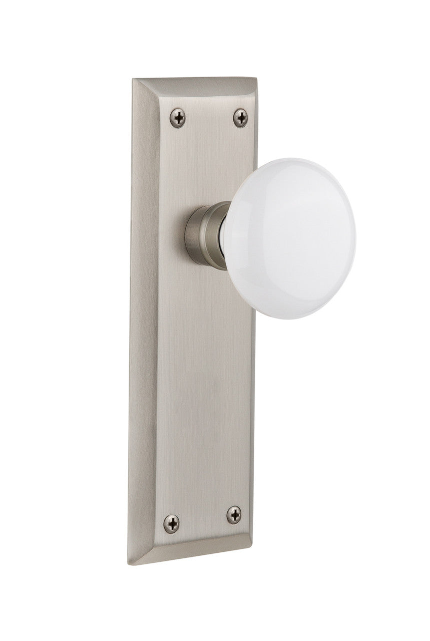 Nostalgic 733165: New York Backplate w/White Porcelain Knob Single Dummy Door Set - Satin Nickel