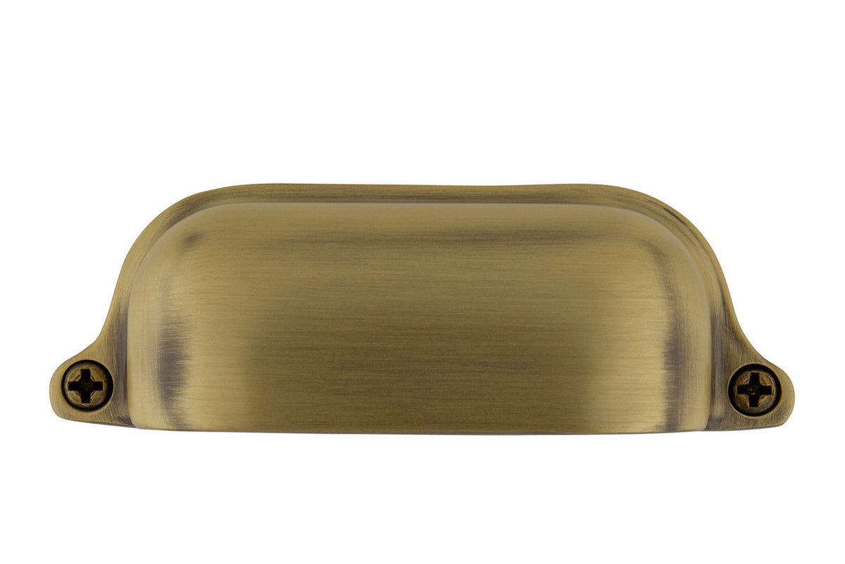 Nostalgic Warehouse 761752: 3-1/2" cc Farm Cup Cabinet Pull - Antique Brass
