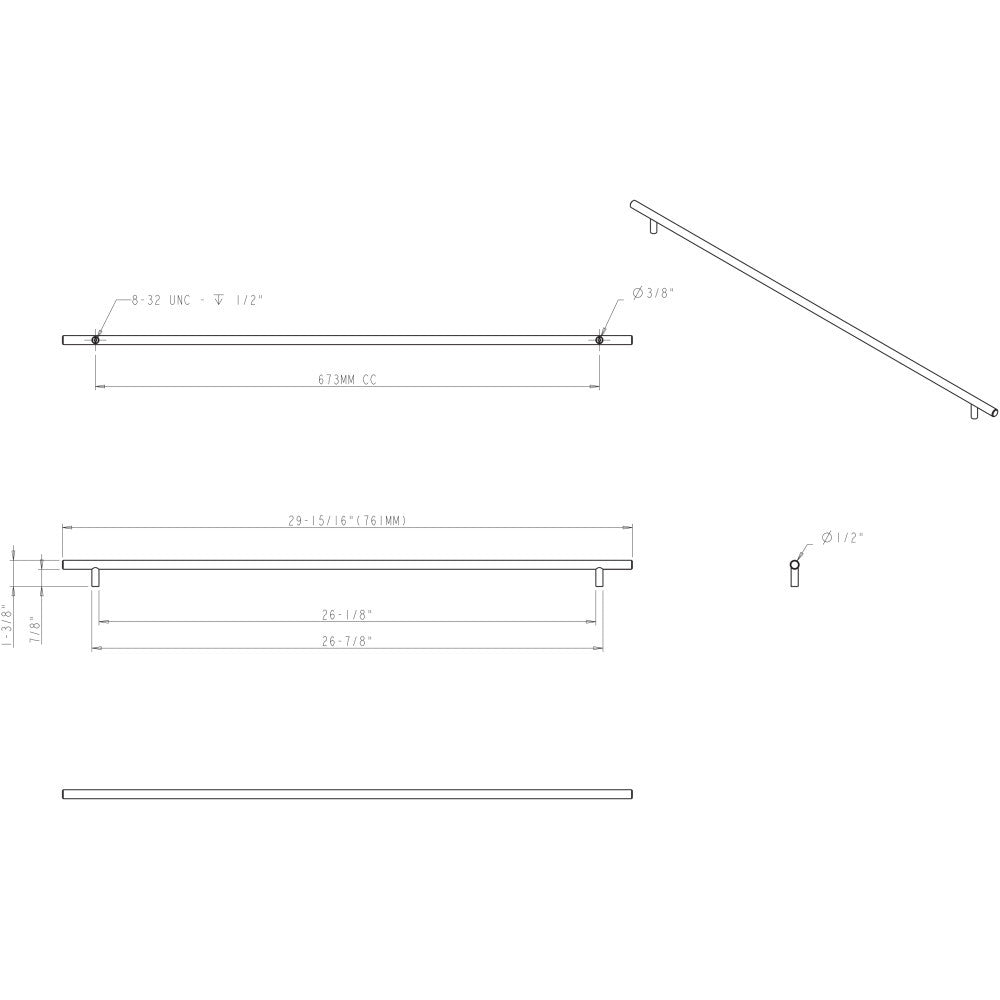 Elements 761SS: 673 mm cc Naples Round Bar Cabinet Pull - Stainless Steel