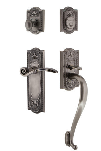 Nostalgic 768226: Entry Lockset w/Meadows Backplate, S-Grip Exterior Handle and Swan Interior Lever - Antique Pewter